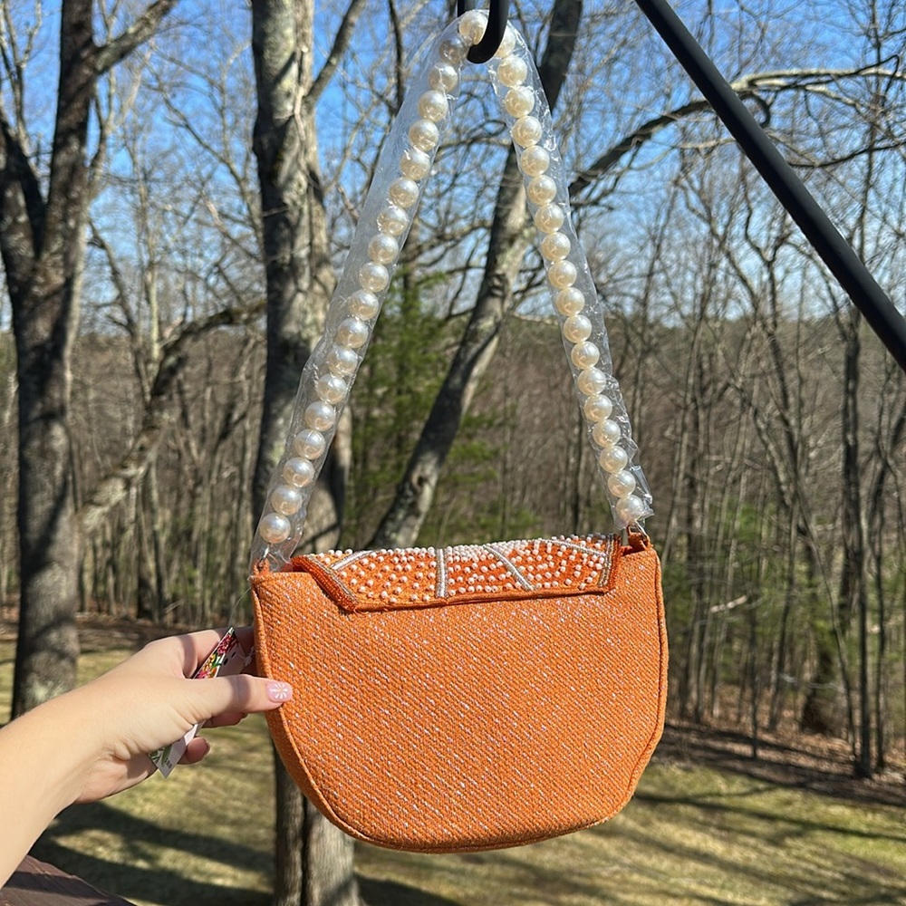 NWT VIRAL RARE Orange Beaded Handbag with Pearl Strap - Picture 5 of 13
